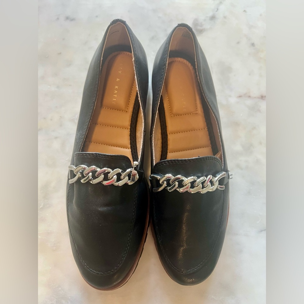 Kelly & Katie Black Loafers with Silver Chain Detail